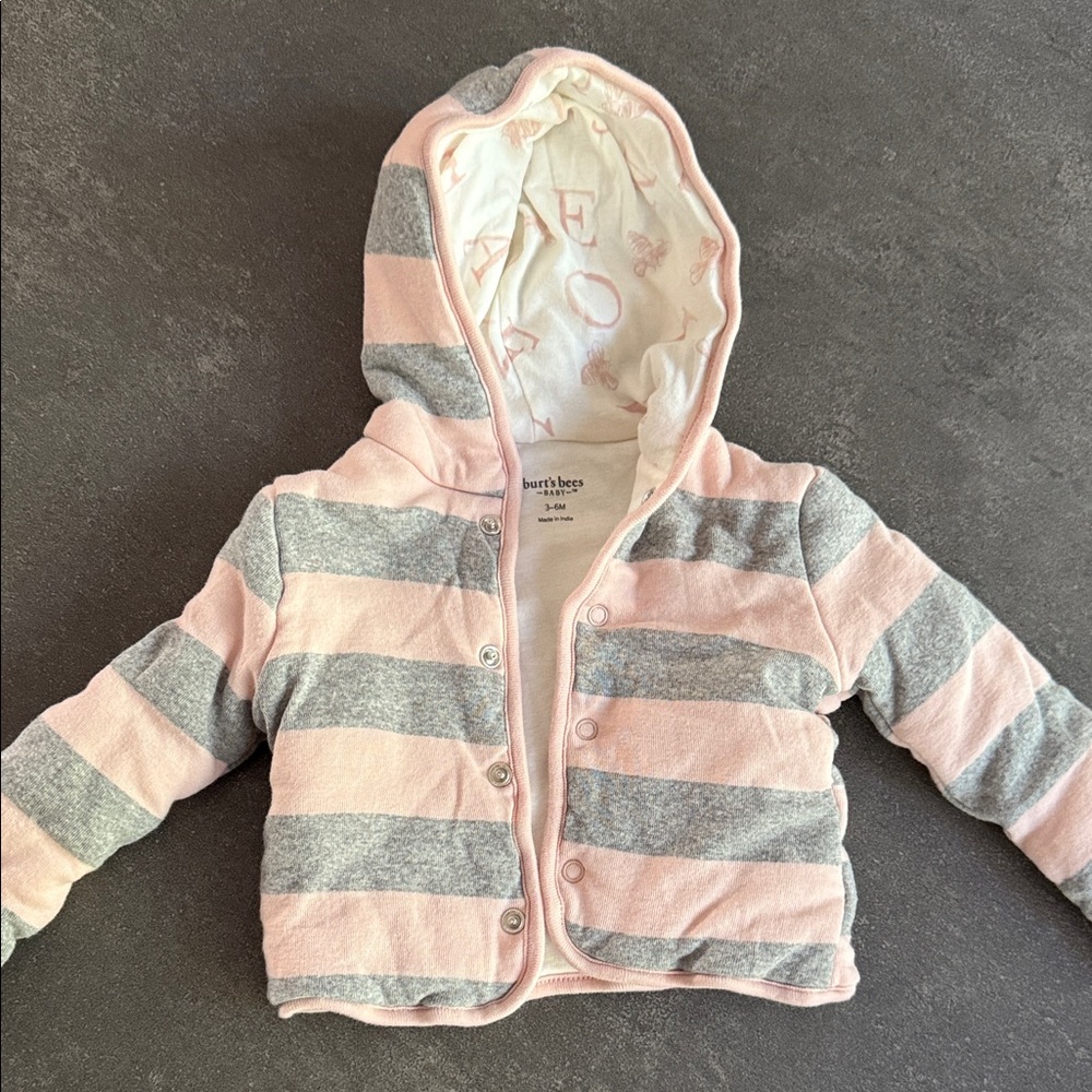 NWOT*Burt's Bees Pink and Gray Striped Baby Jacket